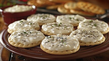 Wall Mural - A plate of cookies with a red bowl of dip in the background