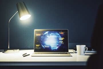 Wall Mural - modern computer display with abstract software development hologram and world map, global research a