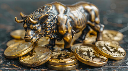 Wall Mural - A bull statue sits on top of a pile of gold coins