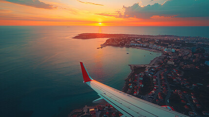 Wall Mural - A red and white airplane is flying over a city and ocean