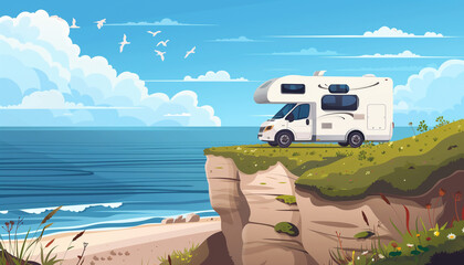 2D vector illustration. Parked on beautiful view mountain nature. Holiday trip in motorhome. 