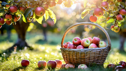 Wall Mural - Fresh apples in a basket with apple trees in background, sunny day