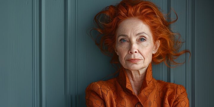 A thoughtful expression graces the face of a senior woman, her redhead hair framing her features