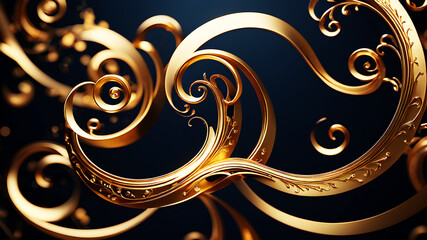 Wall Mural - Design an abstract background featuring elegant golden swirls on a deep navy blue background. The swirls should be intricate and smooth, creating a luxurious and sophisticated effect.