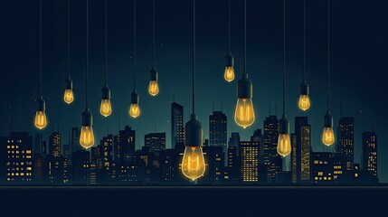 Canvas Print -  of light bulbs hanging from the city skyline, yellow on dark blue background