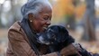 © Bi - Happy elderly african american woman at the park cuddling her black dog Female senior citizen hugging pet Widow enjoying nature outdoors on dog walk