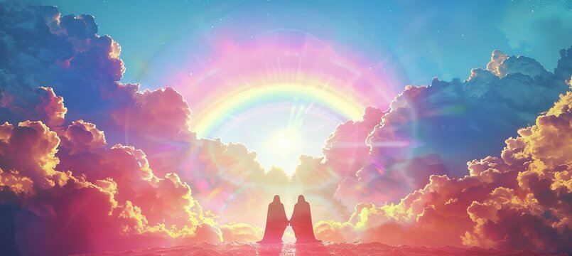 Heaven with rainbow on cloudscape. Generative AI technology.	
