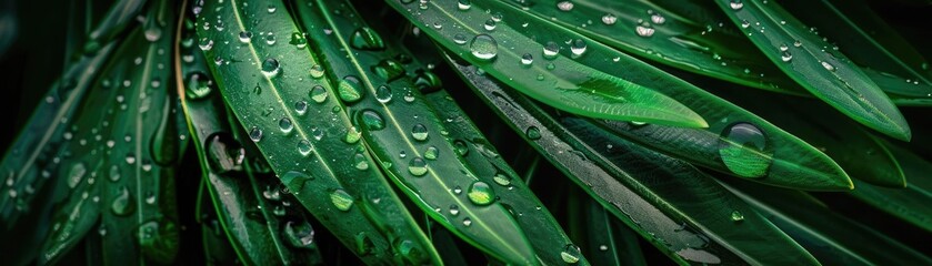 Wall Mural - Close-up of lush green leaves covered in fresh morning dew, showcasing the beauty and freshness of nature.