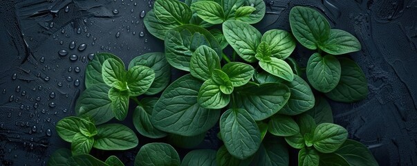 Wall Mural - High-resolution image of fresh green mint leaves with water droplets on a dark background, ideal for culinary and botanical purposes.