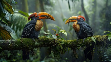 two hornbills sitting on a mossy branch in a forest