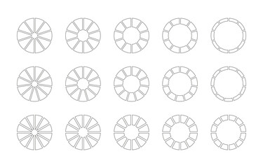 Canvas Print - Circle division on 10, 11, 12 equal parts. Wheel round divided diagrams ten, eleven, twelve segments. Set of infographic. Coaching blank. Section graph. Pie, pizza chart icons. Outline donut charts.