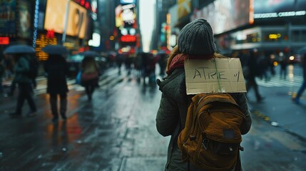 High-quality image of a homeless woman holding a sign, with city pedestrians passing by