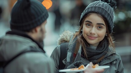 Sticker - High-quality image of a homeless woman receiving a hot meal from a charity worker