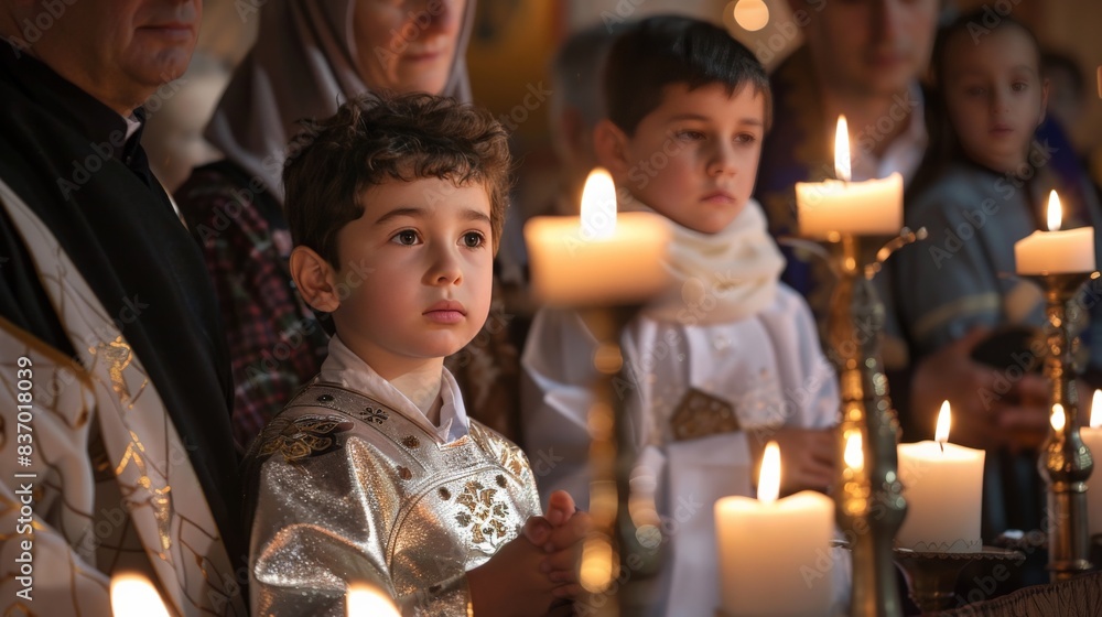 Child undergoing a religious rite of passage, surrounded by family and ...