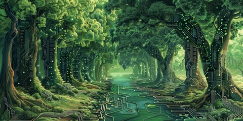 Wall Mural - A digital forest where trees have circuit board leaves generated by AI