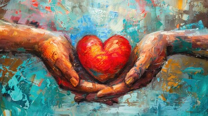 Wall Mural - A painting of a pair of hands cupping a red heart. 