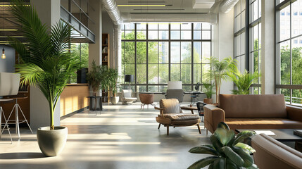 Modern Office Space with Stylish Furniture and Potted Plants