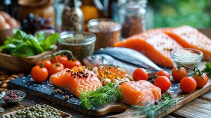 The image shows a variety of fresh and healthy food, including salmon, tomatoes, basil, and lentils. The food is arranged on a wooden table, and there is a green background.