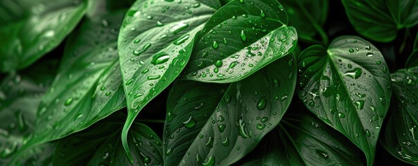 Wall Mural - Close-up of lush green foliage leaves with water droplets. Vibrant nature background suitable for environmental and botanical themes.