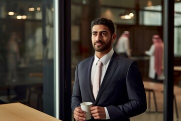 Poster - Indoor portrait of late 20s Riyadh businessman with coffee