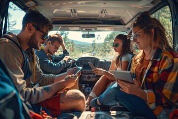A group of friends on a road trip in a modern wagon, with one person driving and the others in the back seats, using tablets to watch videos and play games