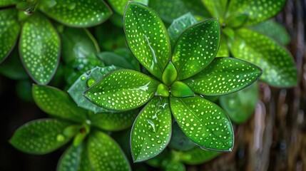 Wall Mural - Close-up of vibrant green succulent plants with textured leaves and water droplets, ideal for nature and botanical themes in stock photography.