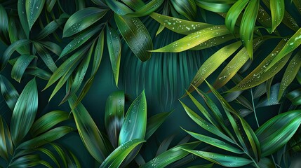 Poster - Lush green tropical leaves with varied textures and shades, creating a vibrant and fresh botanical background, ideal for nature-themed projects.