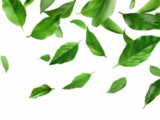 Wall Mural - Green Floating Leaves Flying, Green Leaf Dancing, Air Purifier Atmosphere on white background