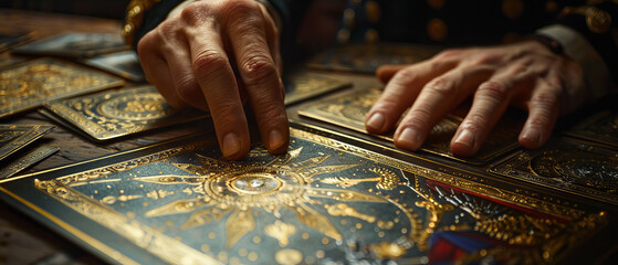 Wall Mural - A person is handling intricate, golden tarot cards, arranging them on a table.