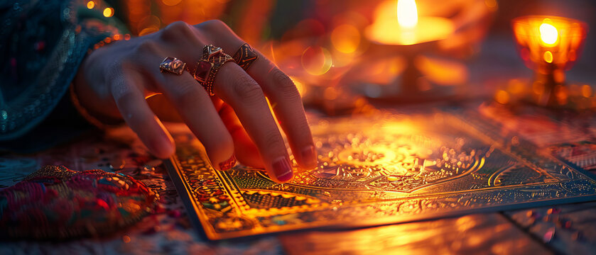 A hand, adorned with rings, is touching a golden tarot card in a dimly lit setting with candles.