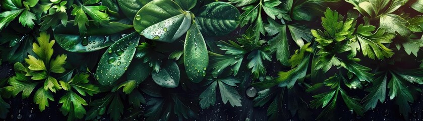 Wall Mural - Lush green foliage with dewdrops in a vibrant and refreshing natural setting, perfect for showcasing plant life and nature's beauty.