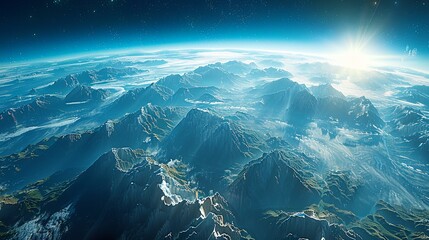 Wall Mural - Photorealistic 3D Render of Planet Earth Viewed from Space with Exaggerated Features, Mountain Ranges, Emerging Trees in Jungles, and Ocean Waves, Created in Unreal Engine 5. High Definition and Detai