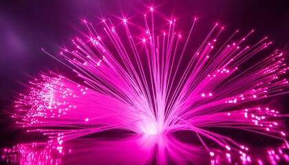 Wall Mural - Vivid pink fiber optic lights fanning out in a mesmerizing display, creating a dynamic visual effect. The radiant beams and sparkling dots evoke innovation, advanced technology.