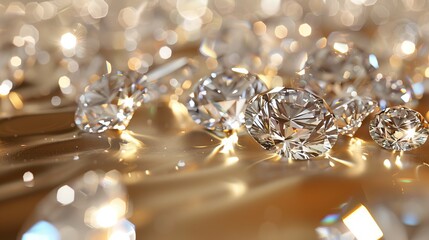 3D Illustrate of A glamorous 3D-rendered scene featuring a cascade of diamonds on a smooth metallic gold surface, exuding opulence.