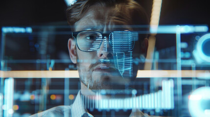 A man wearing glasses stares intently at a computer screen, his face obscured by a digital display of data and graphs