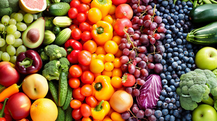 Assortment of fresh organic fruits and vegetables in rainbow colors.