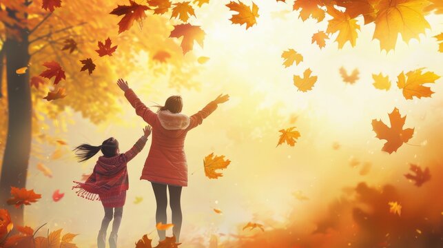 Joyful depiction of a mother lifting her daughter into the air, both with arms outstretched, under a canopy of autumn leaves, symbolizing their uplifting spirit and happiness.