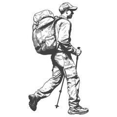 Wall Mural - hiking man full body with engraving style black color only