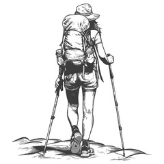 Wall Mural - hiking woman full body with engraving style black color only