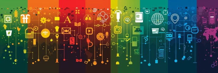 Wall Mural - digital communication infographic. a vibrant four-panel infographic banner showcasing a range of dig