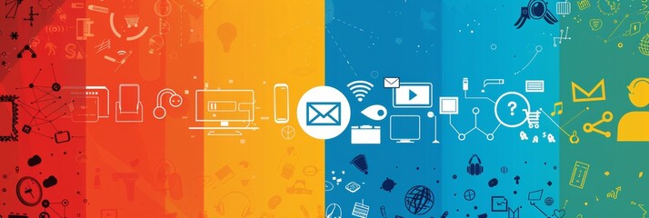digital communication infographic. a vibrant four-panel infographic banner showcasing a range of dig