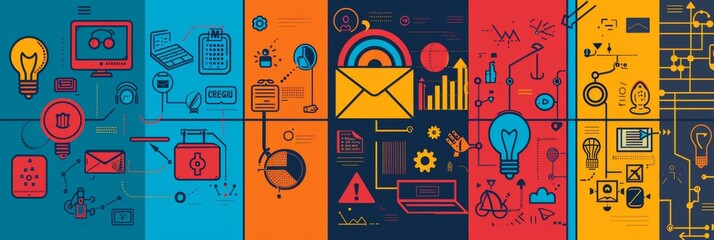 Wall Mural - digital communication infographic. a vibrant four-panel infographic banner showcasing a range of dig
