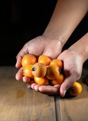 Wall Mural - hands with handful of loquat fruits on a wooden table