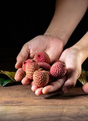 Wall Mural - hands with handful of lychees on a wooden table