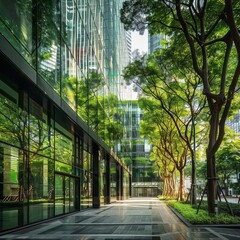 Sustainable glass office building with green trees planted around it