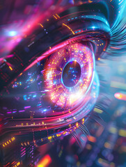 Futuristic cyber eye with vibrant colors and digital elements, representing advanced technology and innovation in artificial intelligence.