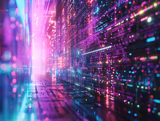 Wall Mural - Futuristic data corridor with vibrant lights and digital elements, representing AI, technology, and innovation in a colorful cyber landscape.