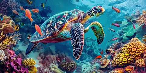 A turtle swimming in a tank with fish and coral. The turtle is the main focus of the image, and it is enjoying its time in the tank. The fish and coral provide a colorful and lively background