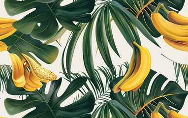 Wall Mural - tropical exotic seamless pattern with color vintage banana leaves 