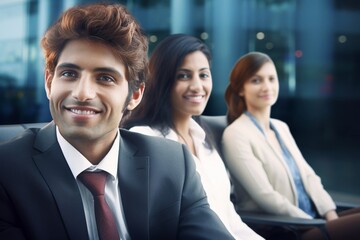 Poster - portrait of a businessman sitting with three business executives and smiling